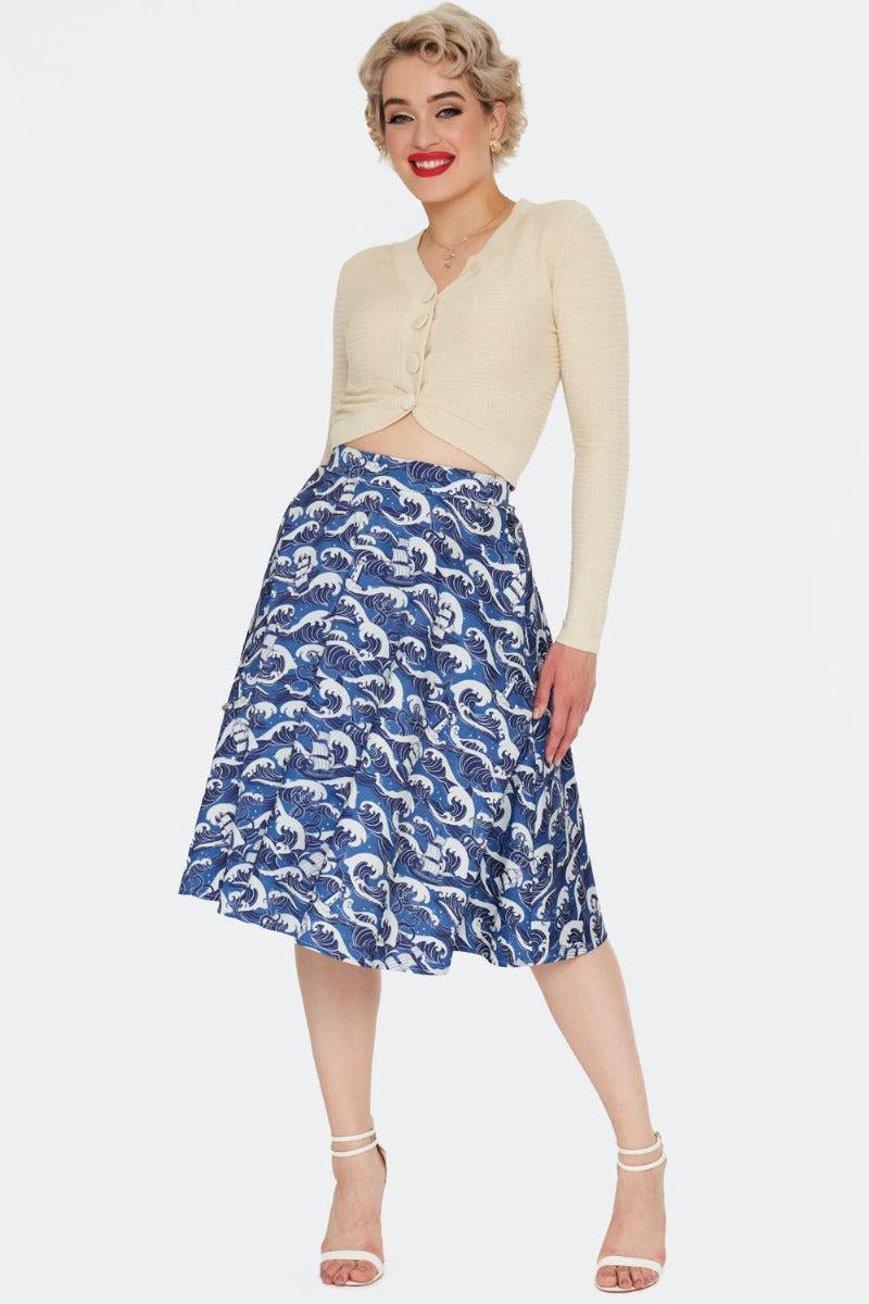 Blue Nautical Wave Print Skirt
