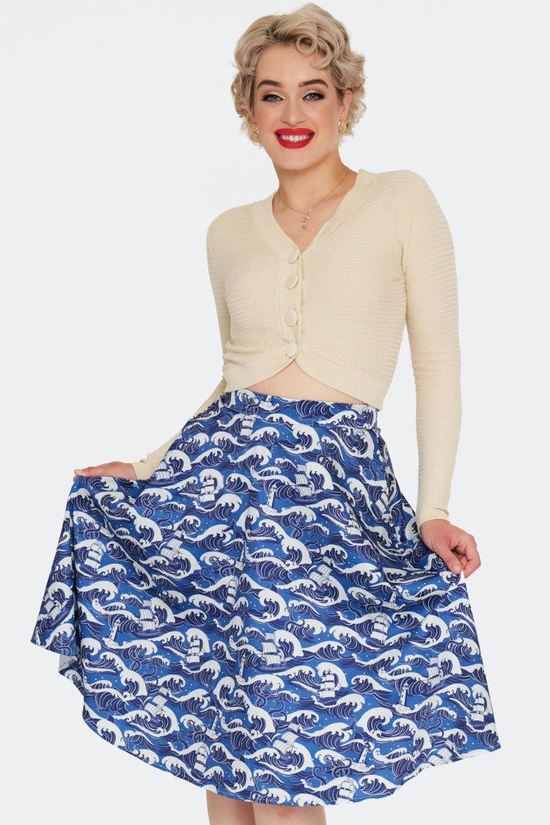 Blue Nautical Wave Print Skirt