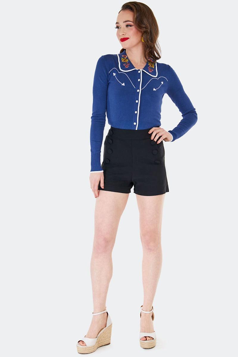 Faux Button Back Zippper Shorts Black