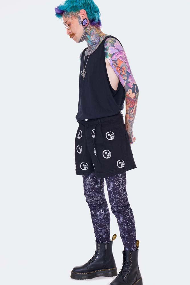 Snake Embroidered Denim Shorts