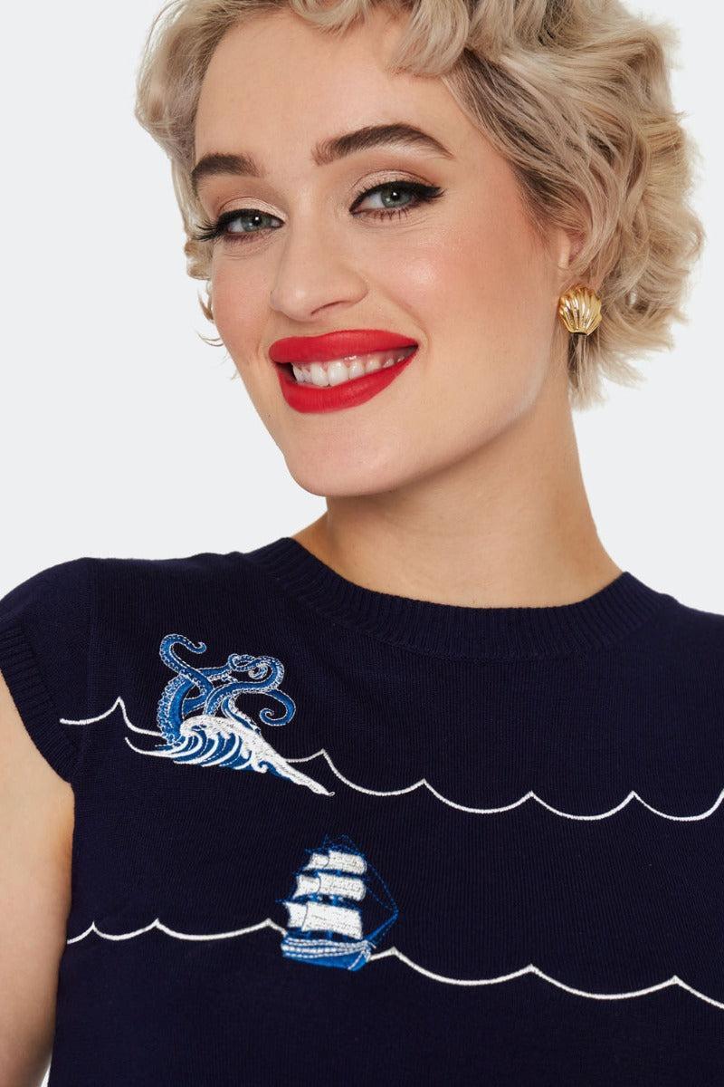 Blue Nautical Wave Embroidery Sweater
