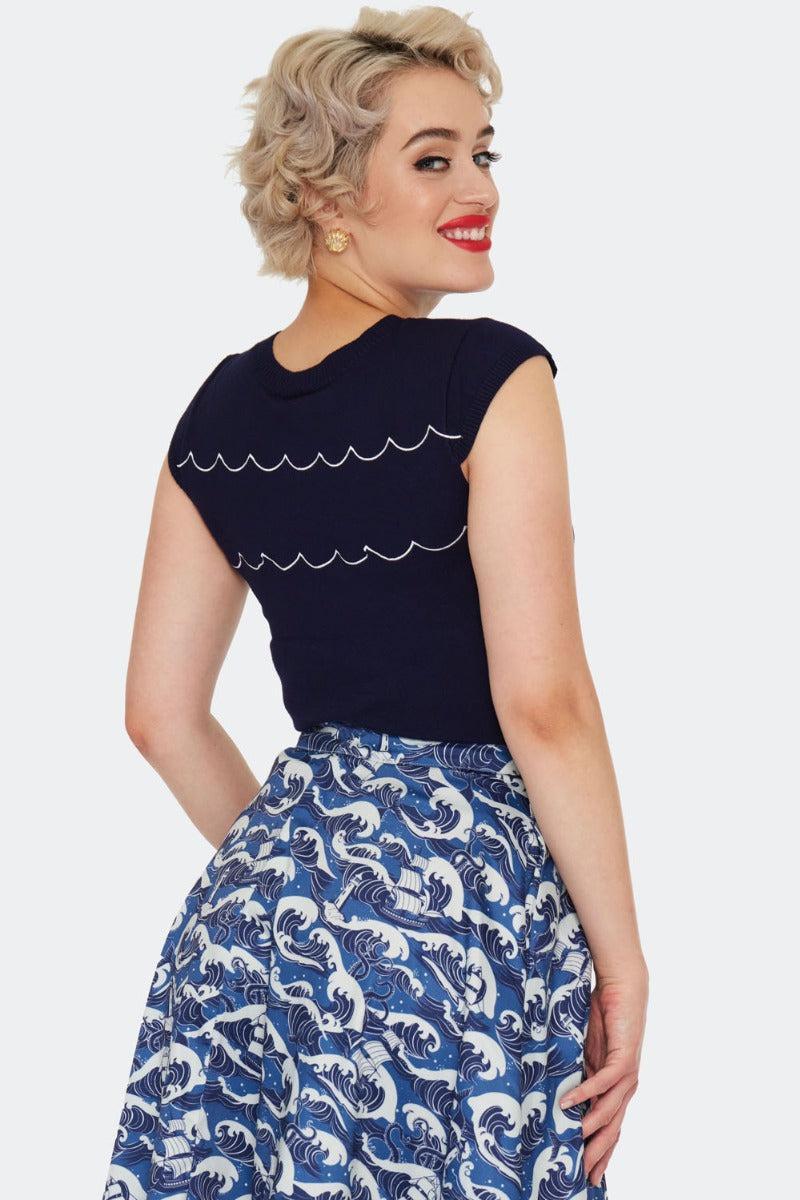 Blue Nautical Wave Embroidery Sweater