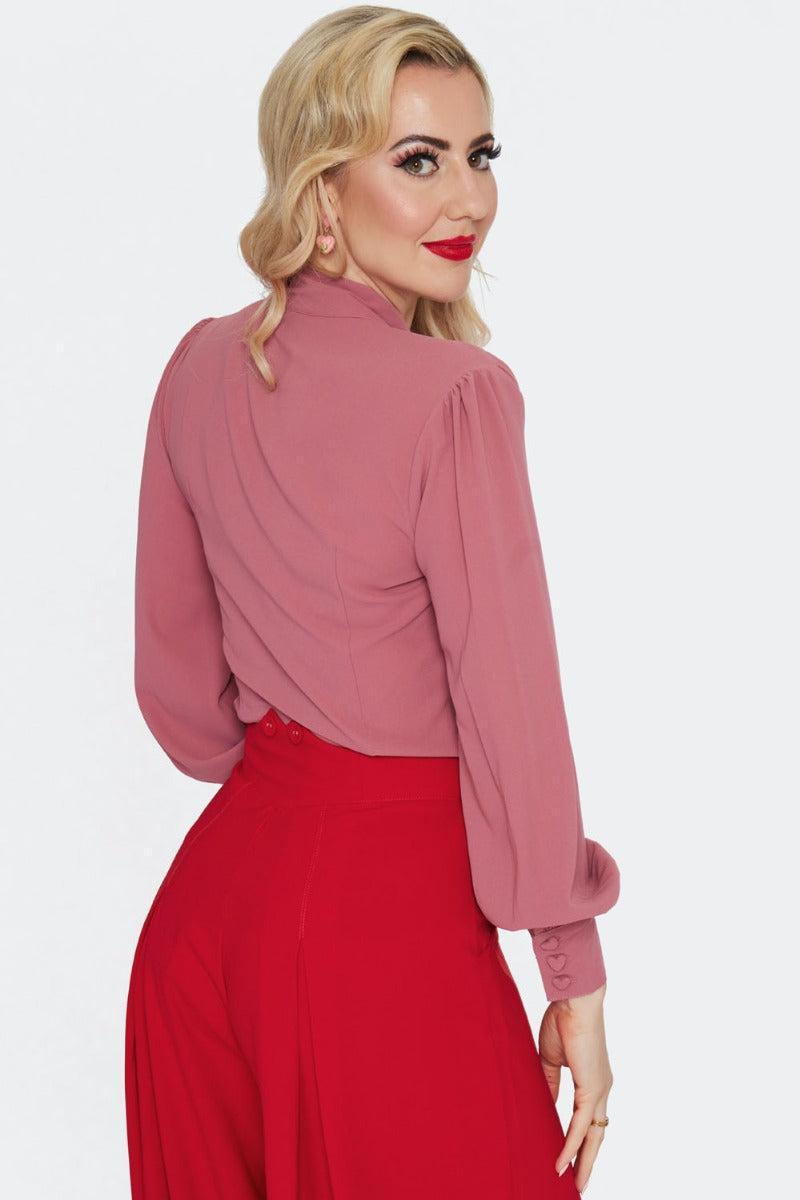 Heart Button Front Tie Blouse Pink
