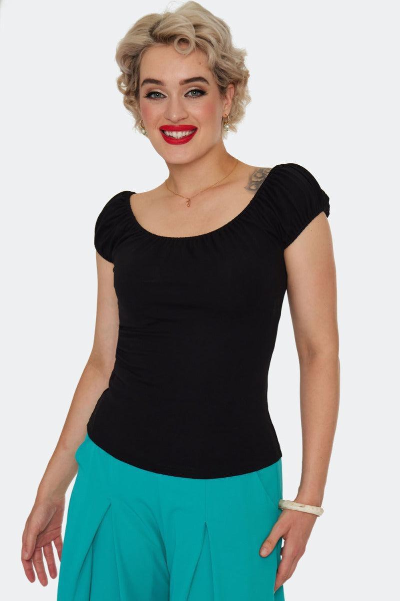 Gathered Neckline Knit Top Black