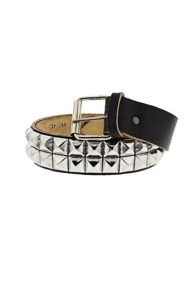 2-Row Pyramid Studded Black Cracked Leather Belt - Orion-Dr Faust-Dark Fashion Clothing