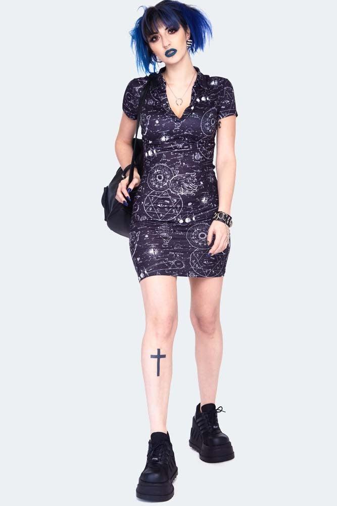 Alchemy Cat Print Mini Polo Dress-Jawbreaker-Dark Fashion Clothing