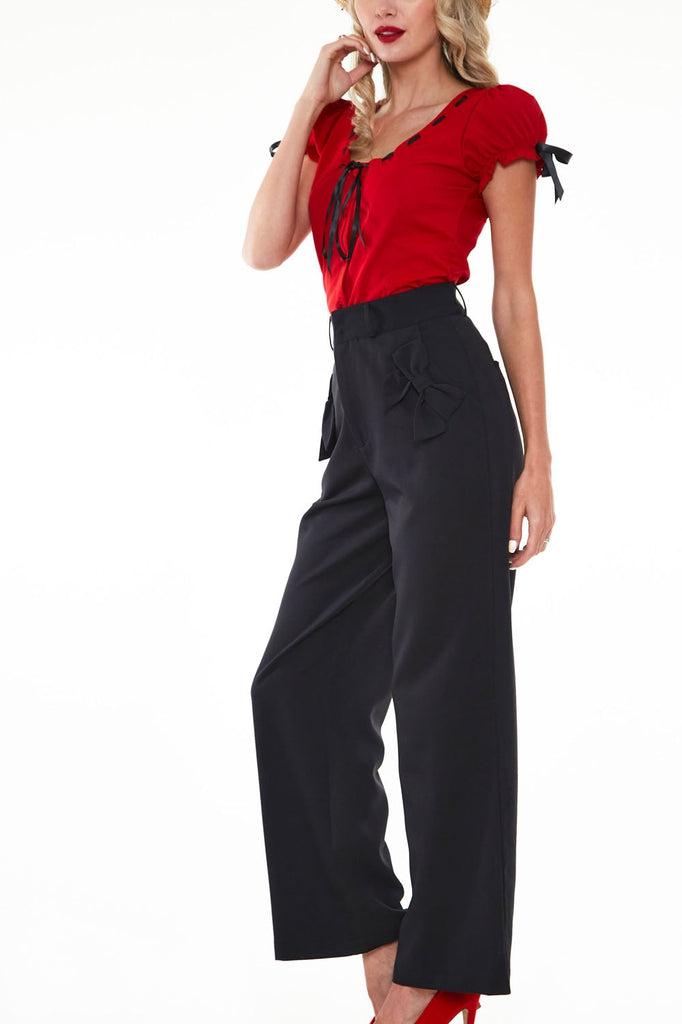 Bow Pocket Black Smart Trousers-Voodoo Vixen-Dark Fashion Clothing