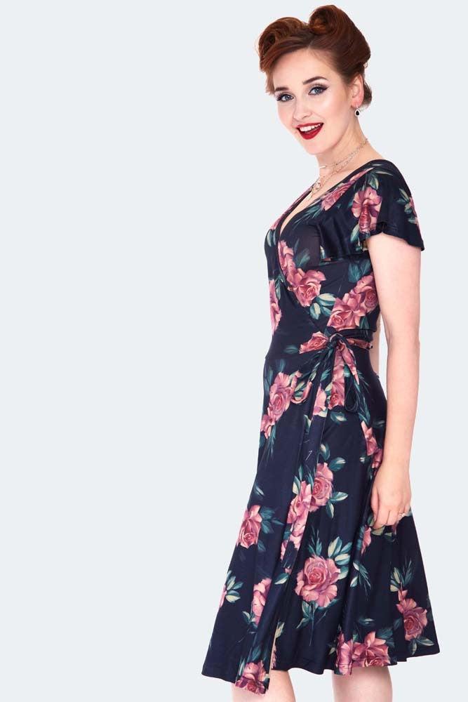 Dark Floral Flutter Sleeve Wrap Dress-Voodoo Vixen-Dark Fashion Clothing