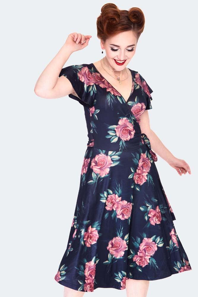 Dark Floral Flutter Sleeve Wrap Dress-Voodoo Vixen-Dark Fashion Clothing