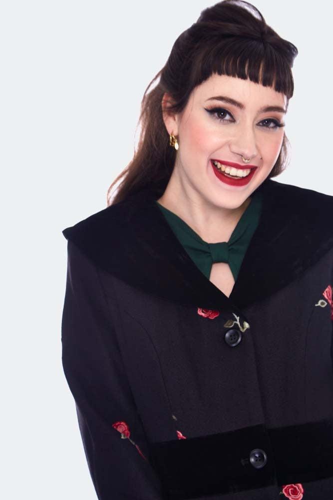 Flo Black & Red Floral Flocked Coat-Voodoo Vixen-Dark Fashion Clothing