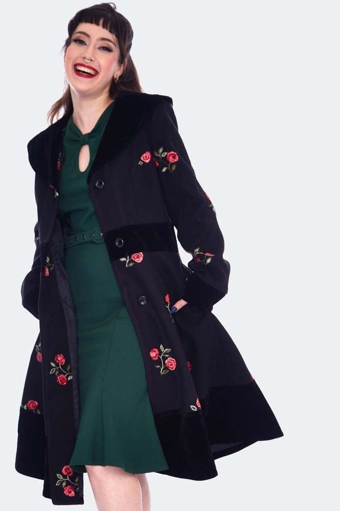 Flo Black & Red Floral Flocked Coat-Voodoo Vixen-Dark Fashion Clothing