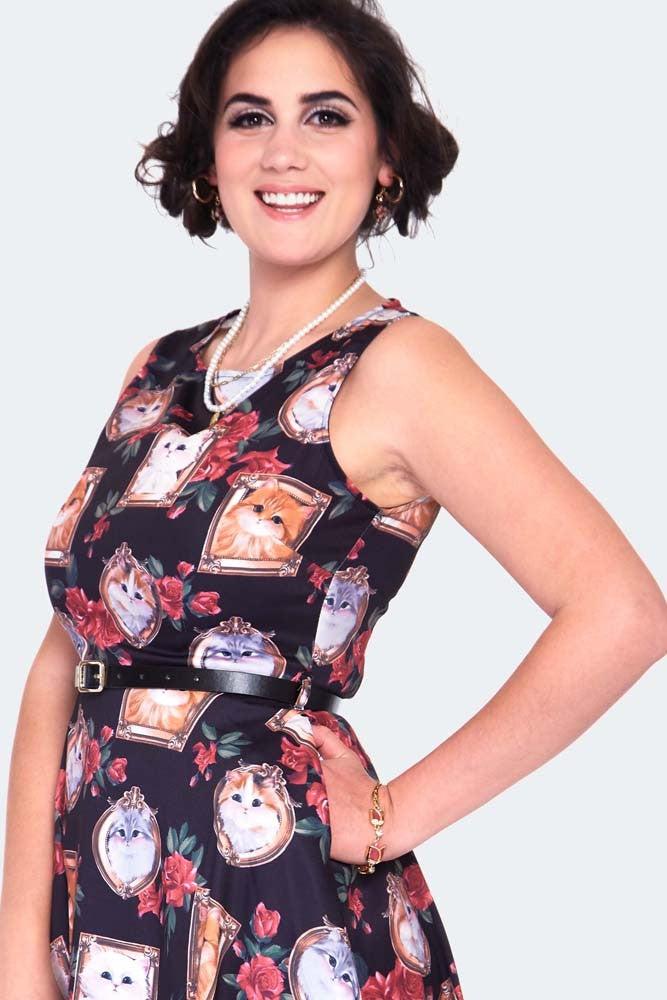 Framed Kitties Sleeveless Flare Dress-Voodoo Vixen-Dark Fashion Clothing