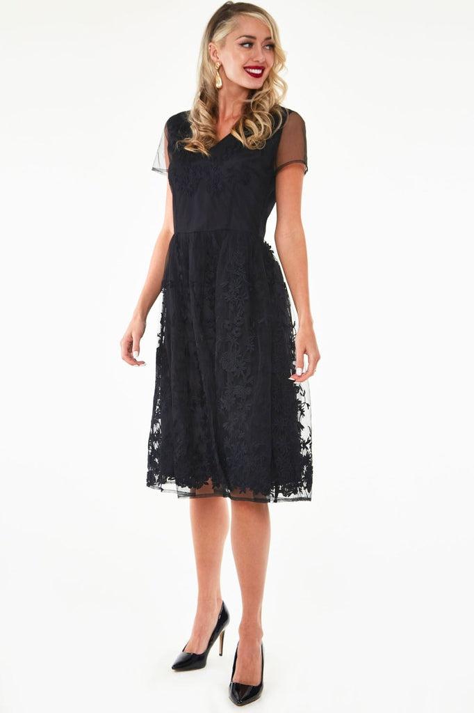 Glenda Black On Black Floral Embroidered Dress-Voodoo Vixen-Dark Fashion Clothing