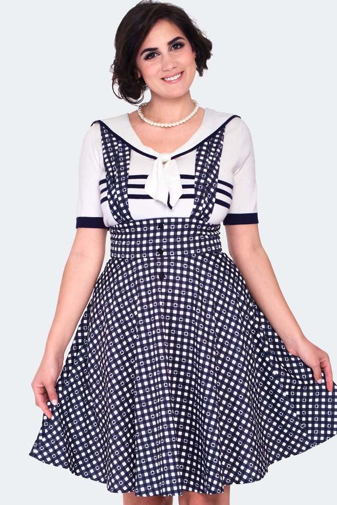 Heart Gingham Overall Flare Skirt-Voodoo Vixen-Dark Fashion Clothing