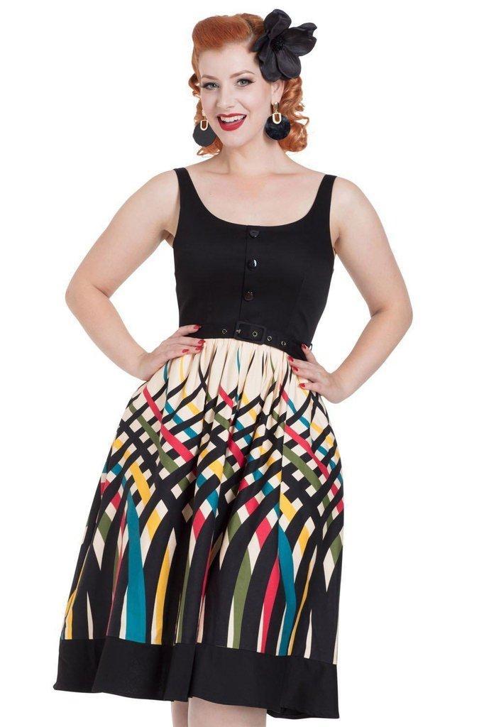 Jean Border Print Flared Dress-Voodoo Vixen-Dark Fashion Clothing