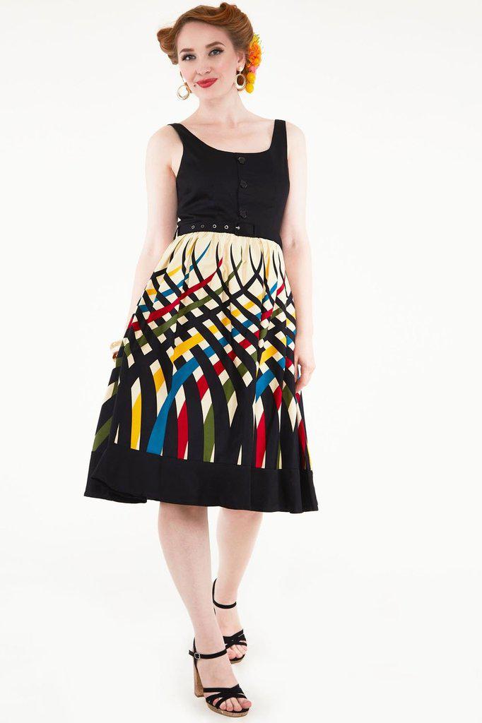 Jean Border Print Flared Dress-Voodoo Vixen-Dark Fashion Clothing