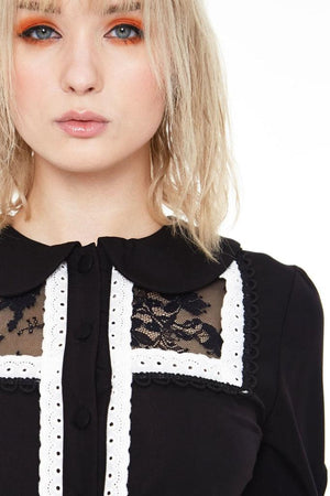 Lace And Trim Collared Button Up Top-Jawbreaker-Dark Fashion Clothing