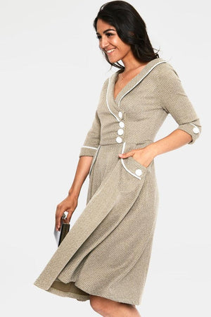 Marica 1950s Olive Herringbone Wide Collar Dress-Voodoo Vixen-Dark Fashion Clothing
