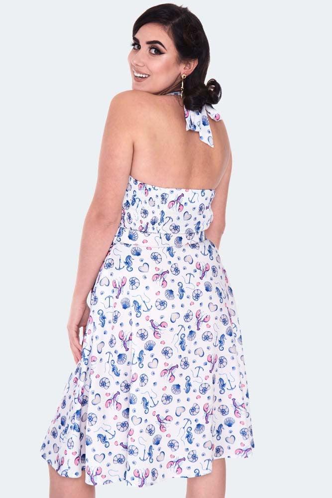 Nautical Print Button Front Halterneck Dress-Voodoo Vixen-Dark Fashion Clothing