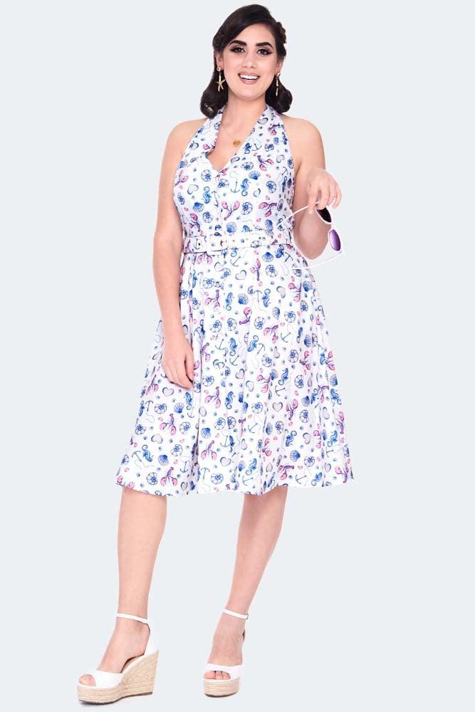 Nautical Print Button Front Halterneck Dress-Voodoo Vixen-Dark Fashion Clothing