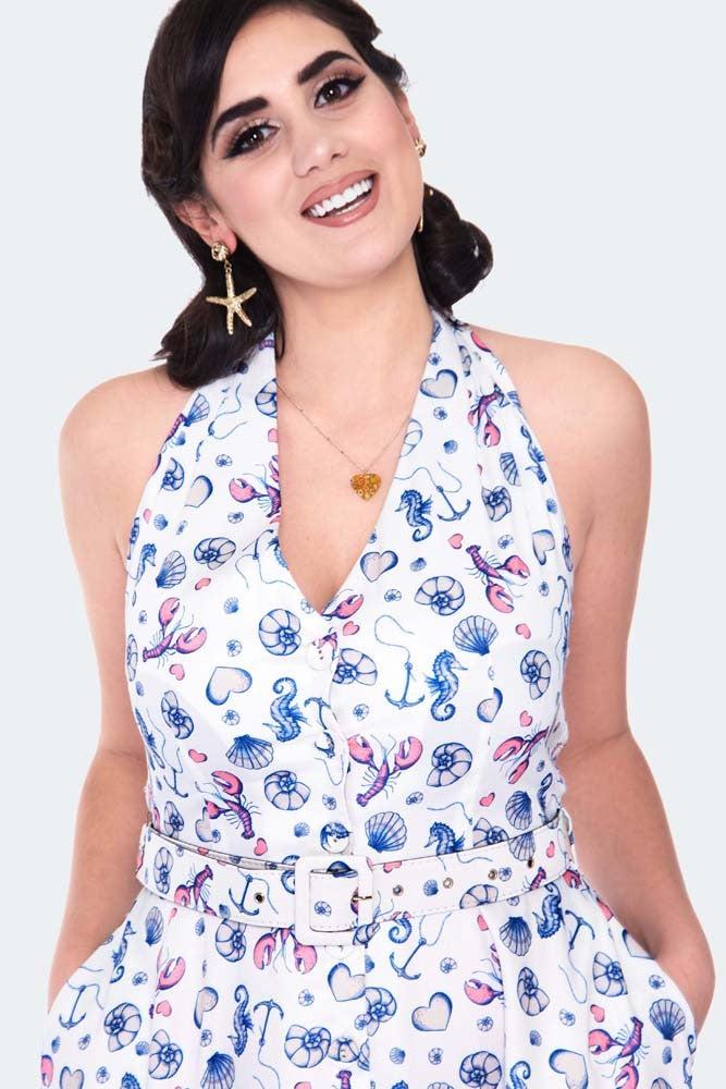 Nautical Print Button Front Halterneck Dress-Voodoo Vixen-Dark Fashion Clothing