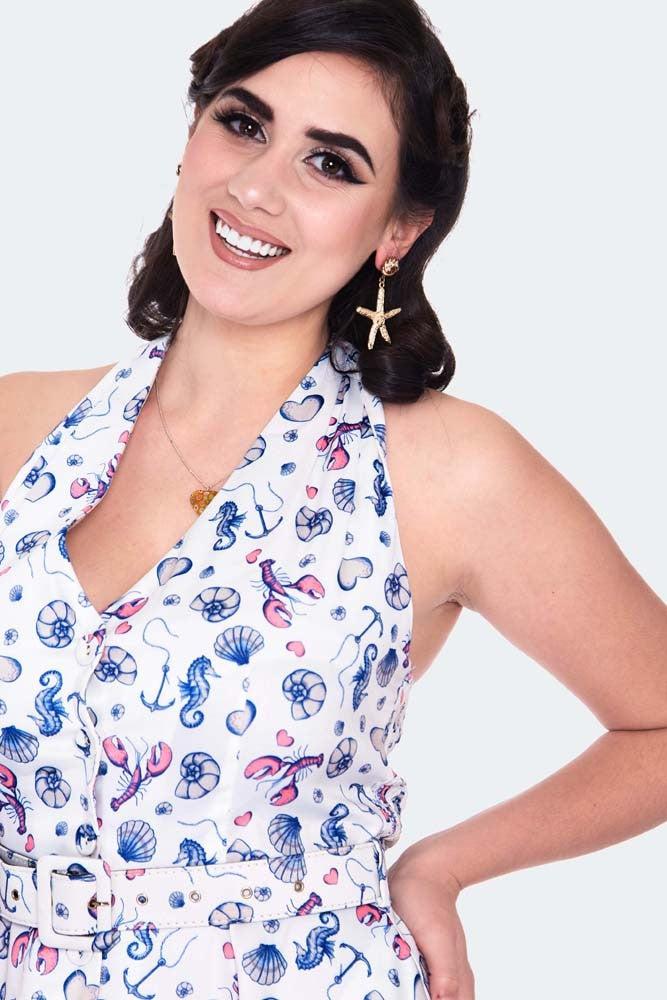 Nautical Print Button Front Halterneck Dress-Voodoo Vixen-Dark Fashion Clothing