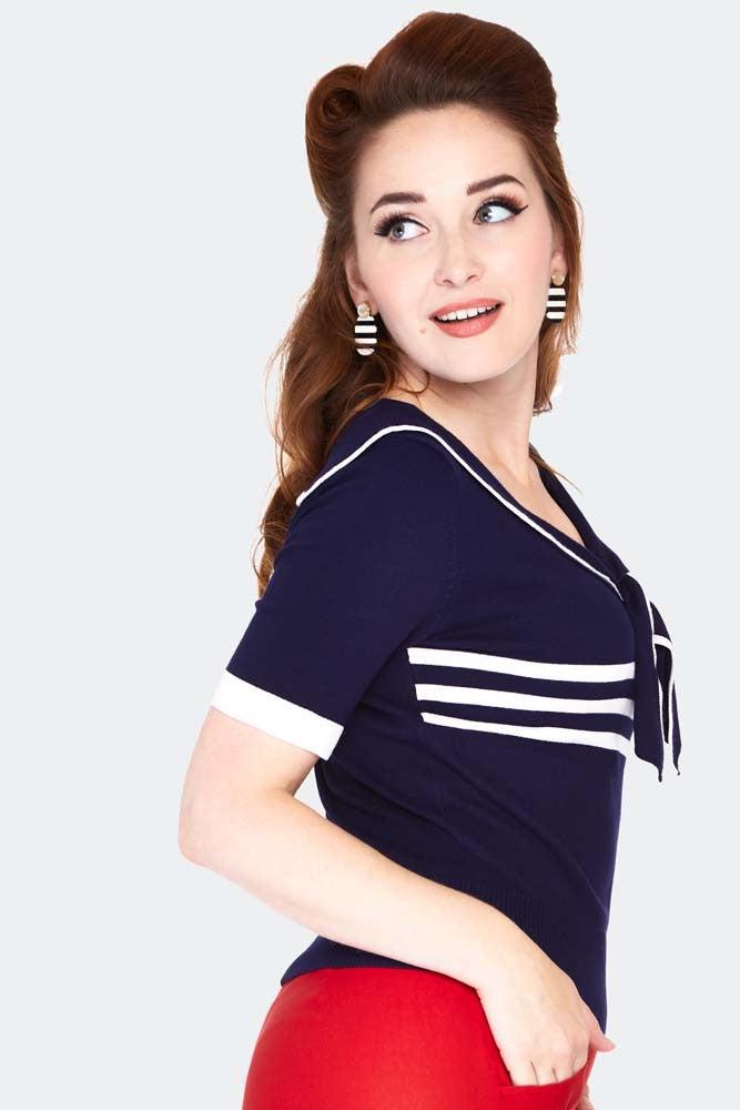Nautical Tri-Stripe Front Bow Top-Voodoo Vixen-Dark Fashion Clothing