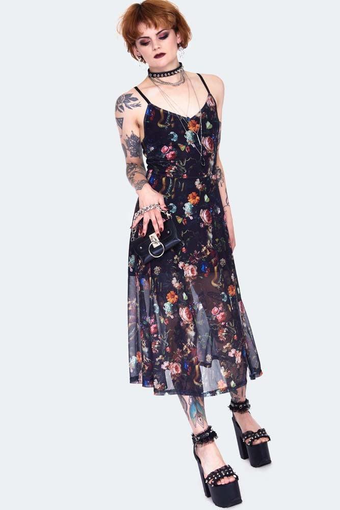 Night Garden Print Midi Dress-Jawbreaker-Dark Fashion Clothing