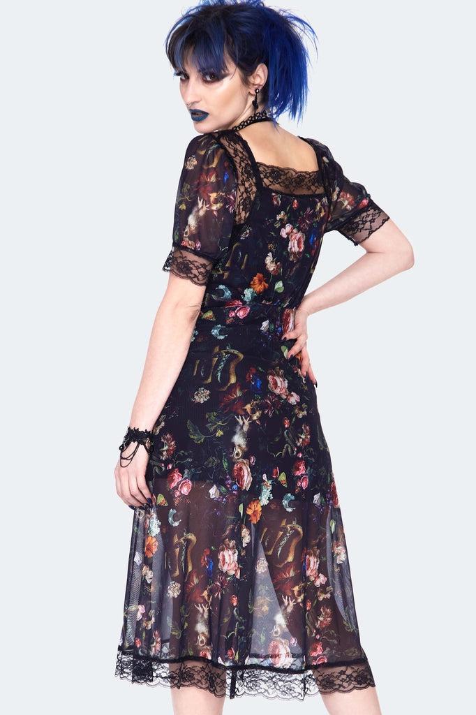 Night Garden Print Midi Dress With Lace-Jawbreaker-Dark Fashion Clothing