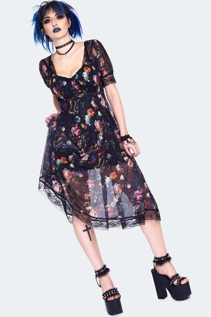 Night Garden Print Midi Dress With Lace-Jawbreaker-Dark Fashion Clothing