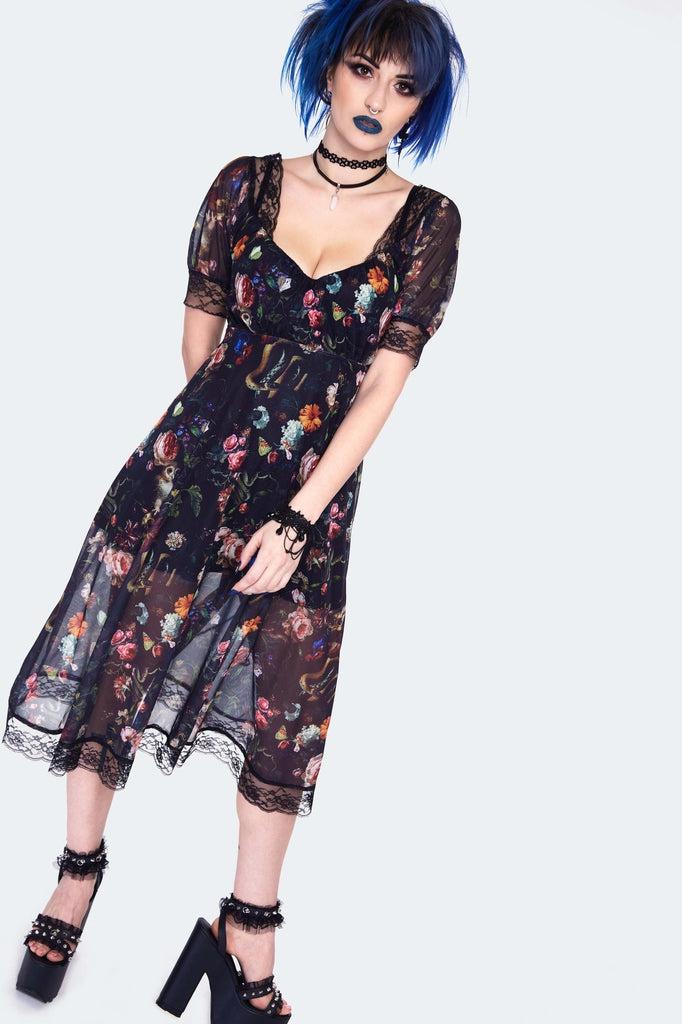 Night Garden Print Midi Dress With Lace-Jawbreaker-Dark Fashion Clothing