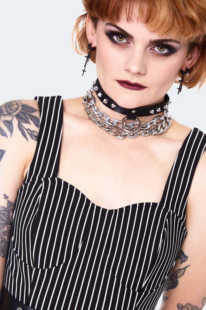 Pinstripe Bodycre Dress With Waist Belt-Jawbreaker-Dark Fashion Clothing