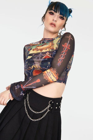 Skeleton Dance Print Mesh Crop Top-Jawbreaker-Dark Fashion Clothing