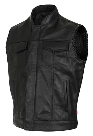 Skyler Leather Perforated Panels Biker Vest-Skintan Leather-Dark Fashion Clothing