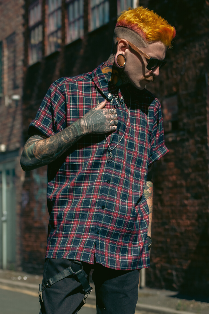 Tartan Short Sleeve Oxford Shirt-Jawbreaker-Dark Fashion Clothing