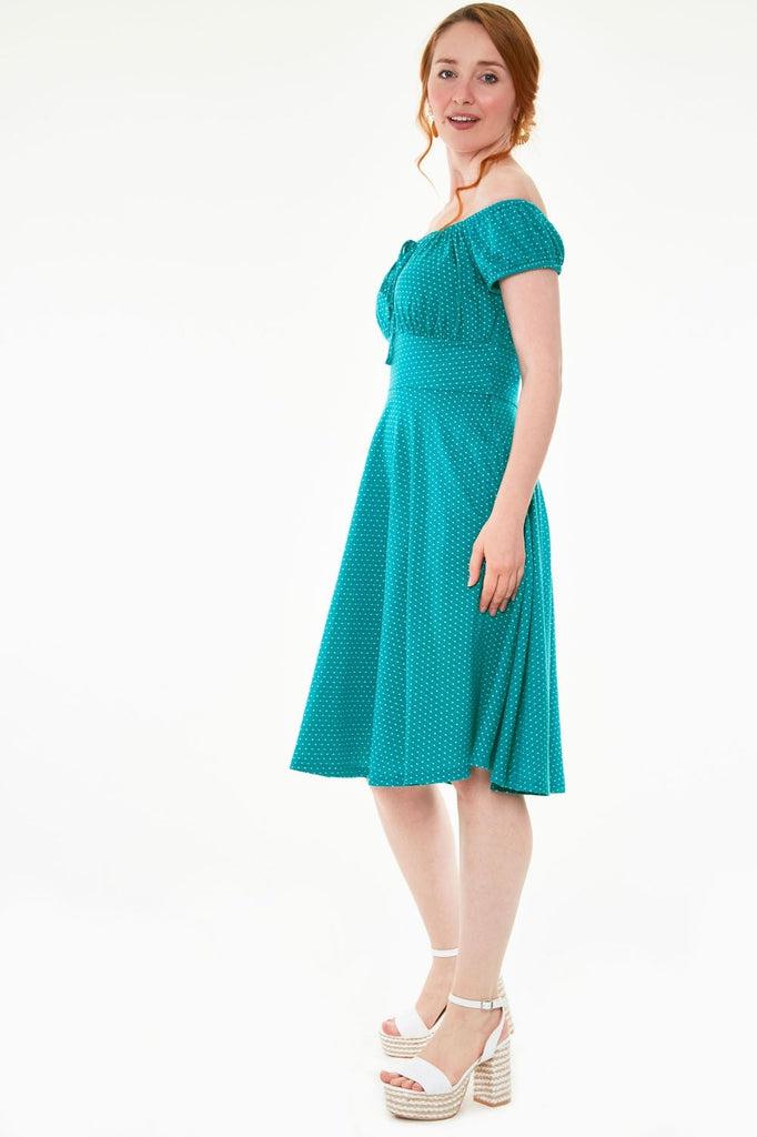 Tessy Gathered Neckline Polka Dot Flare Dress-Voodoo Vixen-Dark Fashion Clothing