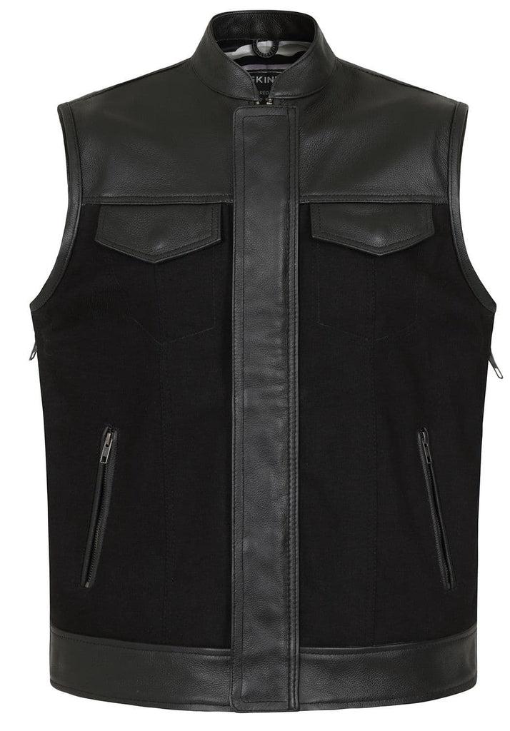 Vargas Black Denim & Leather Expandable Biker Vest-Skintan Leather-Dark Fashion Clothing
