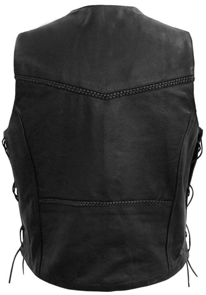 Weaver Lace Sides & Plait Leather Biker Vest-Skintan Leather-Dark Fashion Clothing