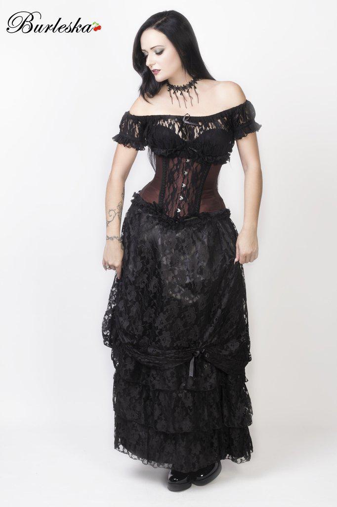 Alexandra Long Victorian Skirt In Black Satin With Black Lace Overlay-Burleska-Dark Fashion Clothing