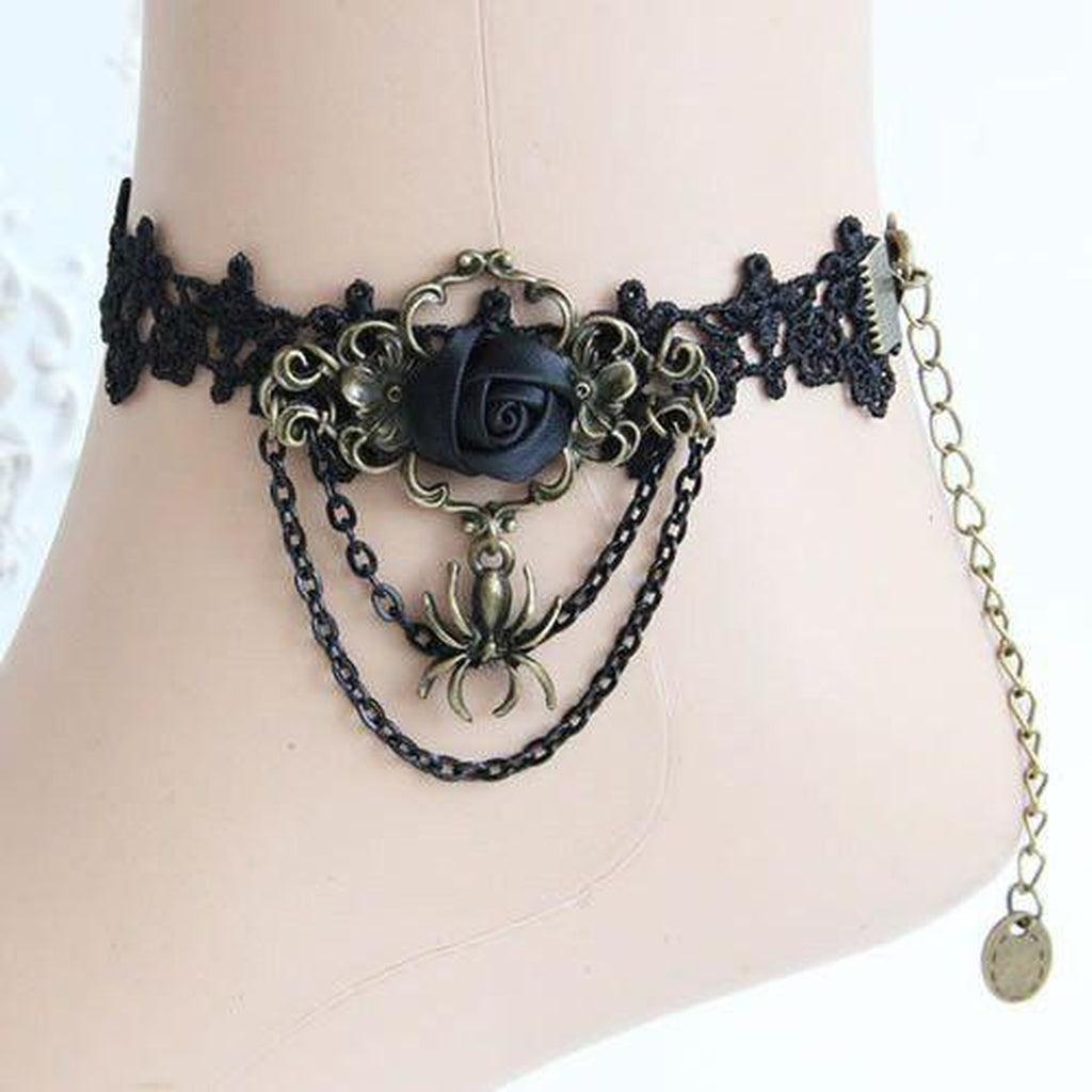 Black Lace Goth Anklet Rose and Spider Design-Badboy-Dark Fashion Clothing