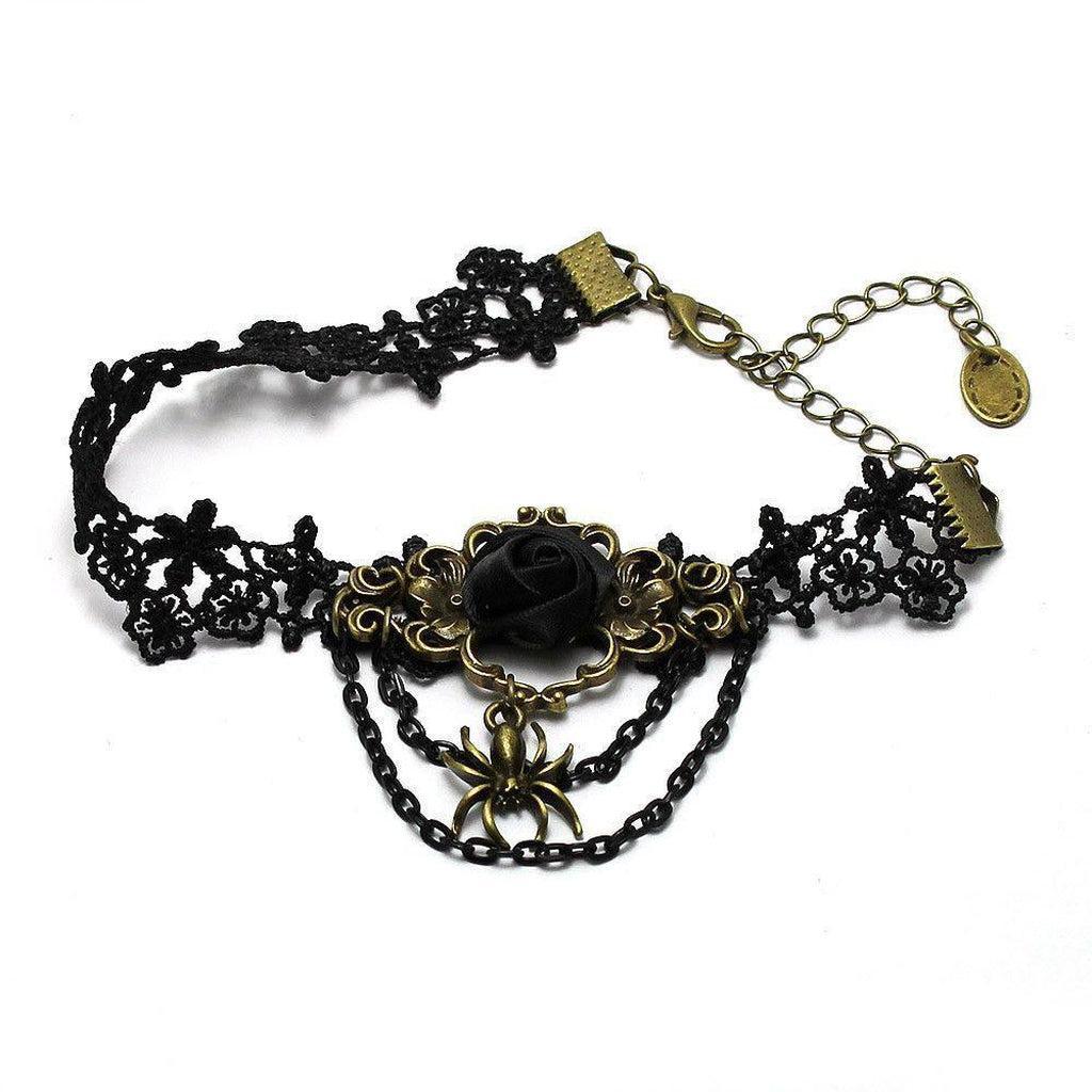 Black Lace Goth Anklet Rose and Spider Design-Badboy-Dark Fashion Clothing
