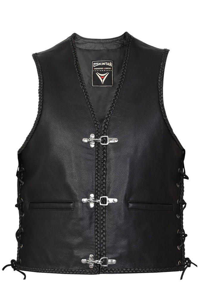 Black or Brown Leather Fish Hook Buckle & Braid Waistcoat - Buckle Cut-Off-Skintan Leather-Dark Fashion Clothing
