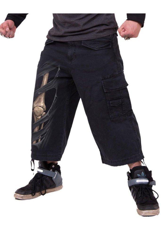 Bone Rips - Vintage Cargo Shorts 3/4 Long Black-Spiral-Dark Fashion Clothing