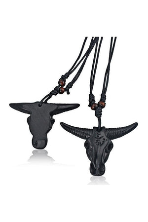 Bull Skull Bone Carving Pendant and Black Necklace - Daleyza-Dr Faust-Dark Fashion Clothing