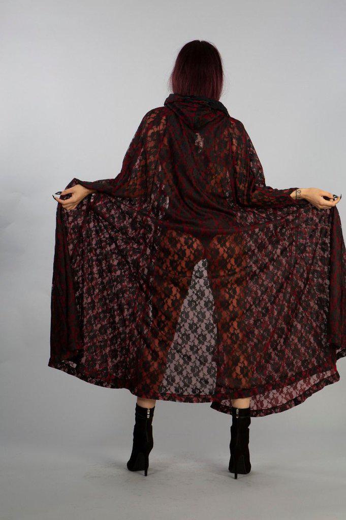 Cherryl Hooded Cape In Black Lace And Red Mesh Lining-Burleska-Dark Fashion Clothing