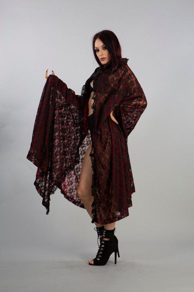 Cherryl Hooded Cape In Black Lace And Red Mesh Lining-Burleska-Dark Fashion Clothing