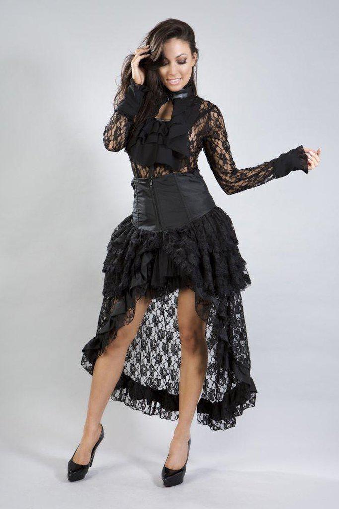 Crimson Long Sleeve Top In Black Lace Chiffon-Burleska-Dark Fashion Clothing