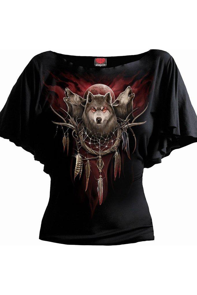 Cry of The Wolf - Boat Neck Bat Sleeve Top Black-Spiral-Dark Fashion Clothing