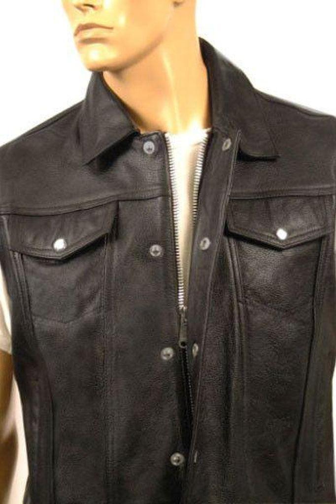 Cut-Off Biker Vest - Trucker-Skintan Leather-Dark Fashion Clothing
