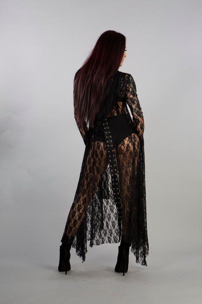 Dracula Long Hooded Dress In Black Lace-Burleska-Dark Fashion Clothing